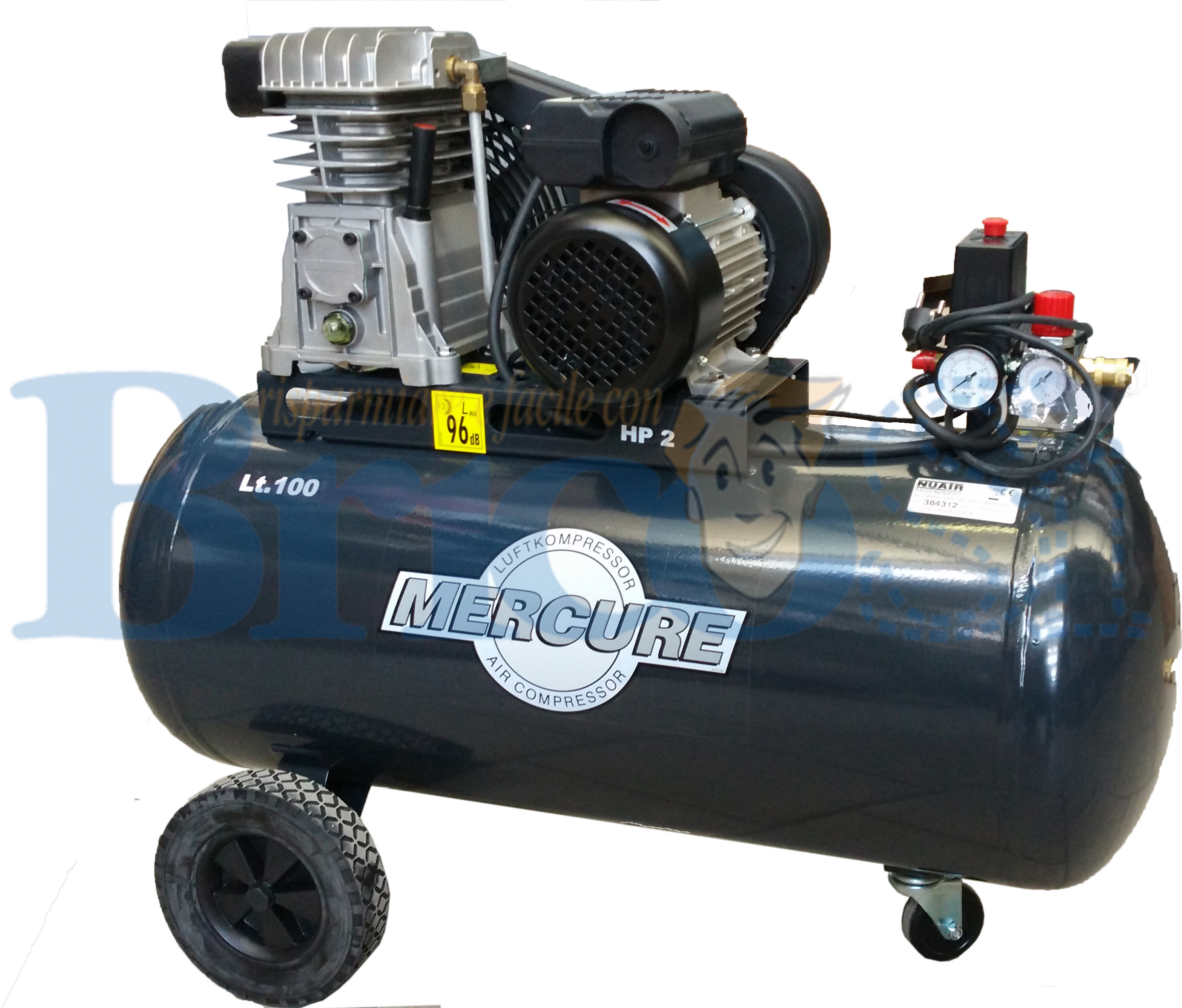 COMPRESSORE ARIA A CINGHIA 1,5Kw LT 100 litri 2HP PROFESSIONALE MERCURE NU AIR